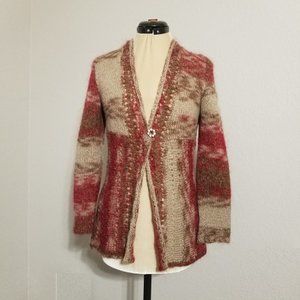Hand Crafted Knitted Burgundy-Tan Mohair Cardigan Size S